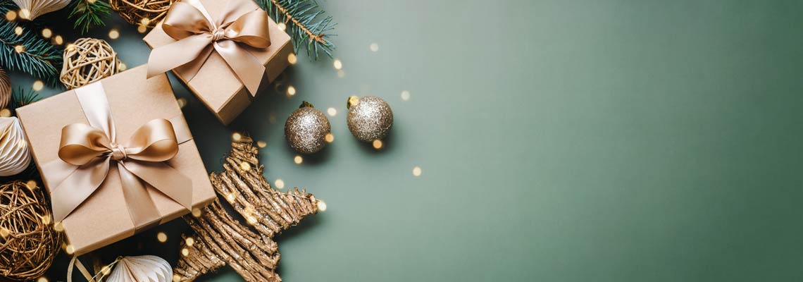 Christmas gift boxes and golden decorations