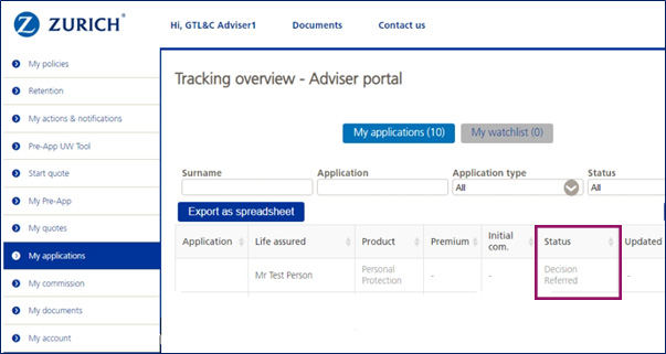 decision status screen