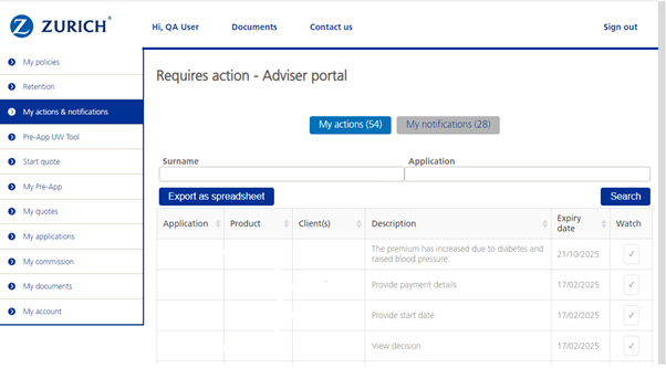 Portal screenshot of the My actions and notifications page
