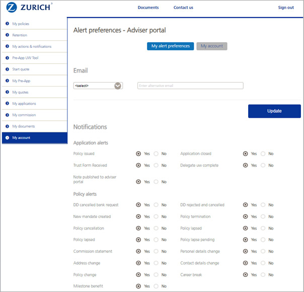 Portal screenshot of the Alert preferences page