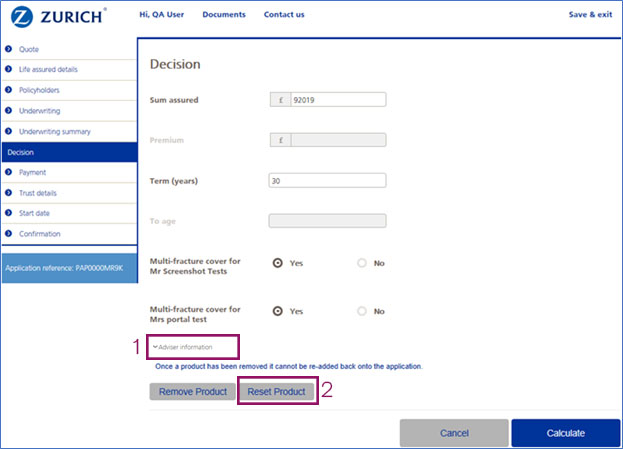 Adjusting the sum assured, term and commission screen