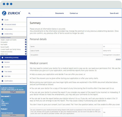 Underwriting summary page with amend link