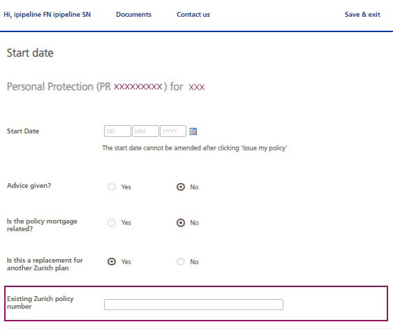 Existing policy number screen