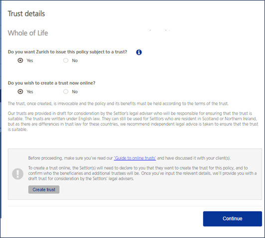 Screenshot of the portal with Trust screen