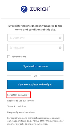 Forgotten password screen